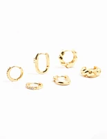 Real Gold Plated Rope & Pave Cubic Zirconia Hoop Earrings 3-Pack