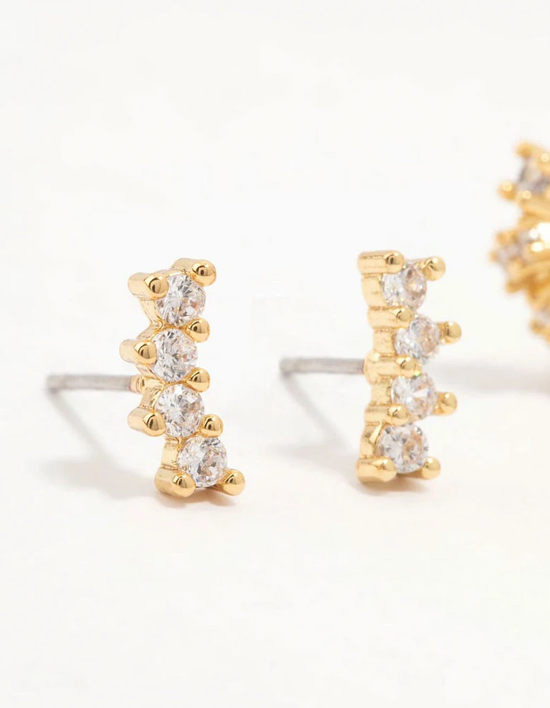 Gold Plated Brass Cubic Zirconia Leaf Hoop & Crawler Earrings 3-Pack