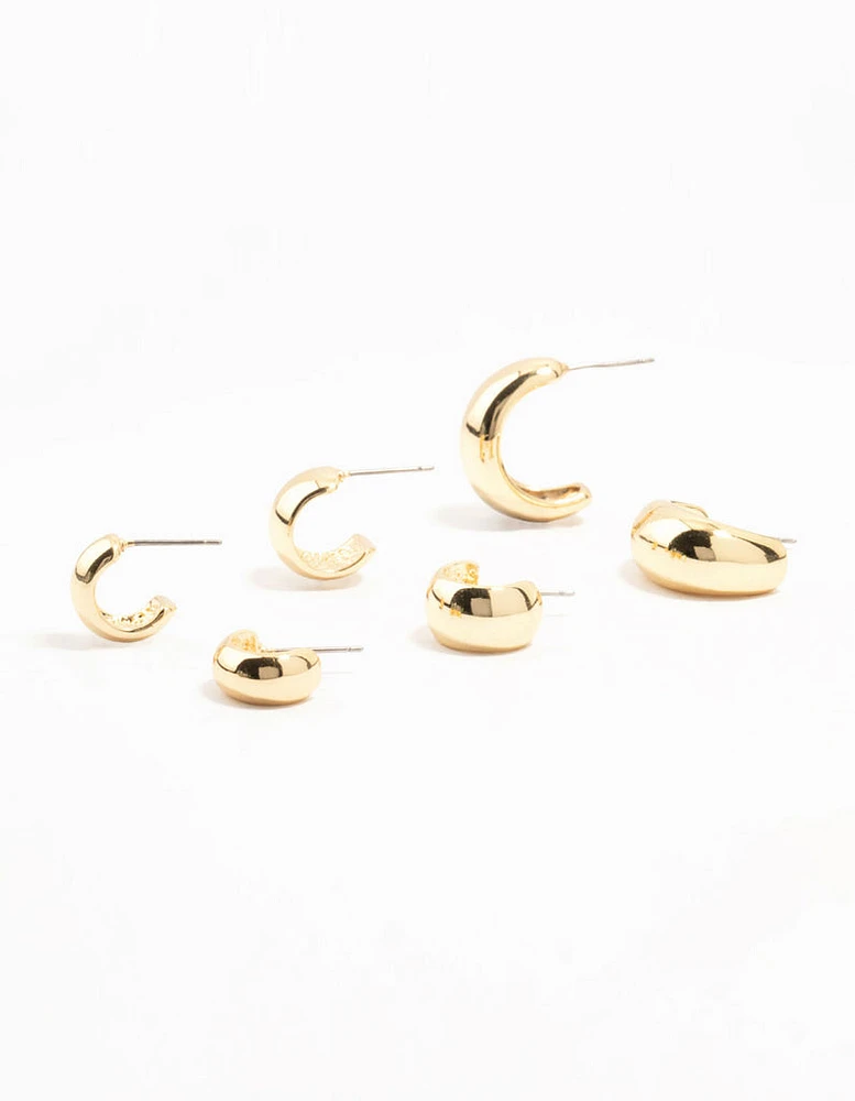 Real Gold Plated Chunky Hoop Earrings 3-Pack