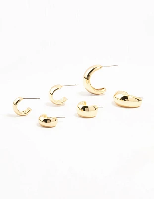 Gold Plated Brass Chunky Hoop Earrings 3-Pack