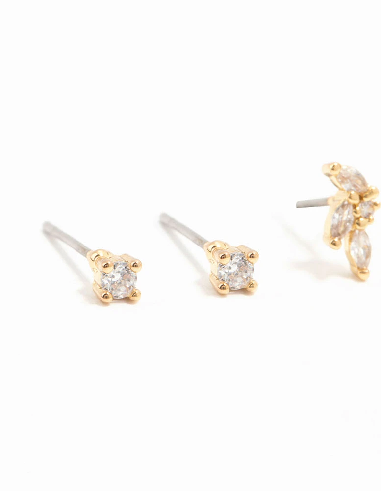 Gold Plated Cubic Zirconia Flower Earrings 4-Pack