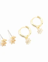 Gold Plated Cubic Zirconia Flower Earrings 4-Pack