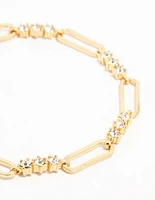 Real Gold Plated Alternating Trio Cubic Zirconia Rectangle Link Bracelet