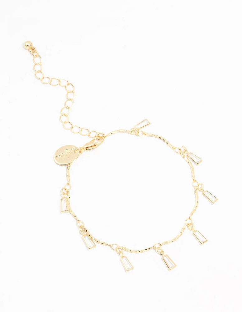 Real Gold Plated Wavy Baguette Cut Cubic Zirconia Charm Bracelet