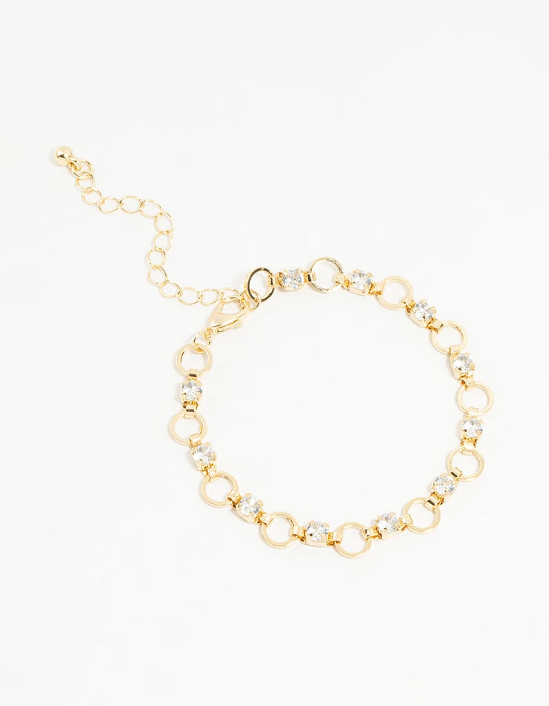 Gold Plated Brass Alternating Cubic Zirconia Round Link Bracelet