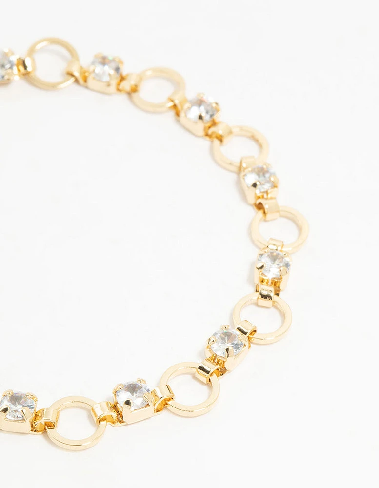 Gold Plated Brass Alternating Cubic Zirconia Round Link Bracelet