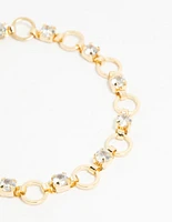 Gold Plated Brass Alternating Cubic Zirconia Round Link Bracelet