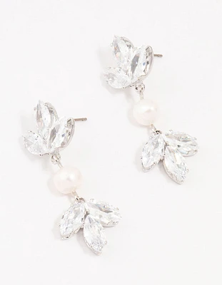 Rhodium Floral Cubic Zirconia & Pearl Drop Earrings