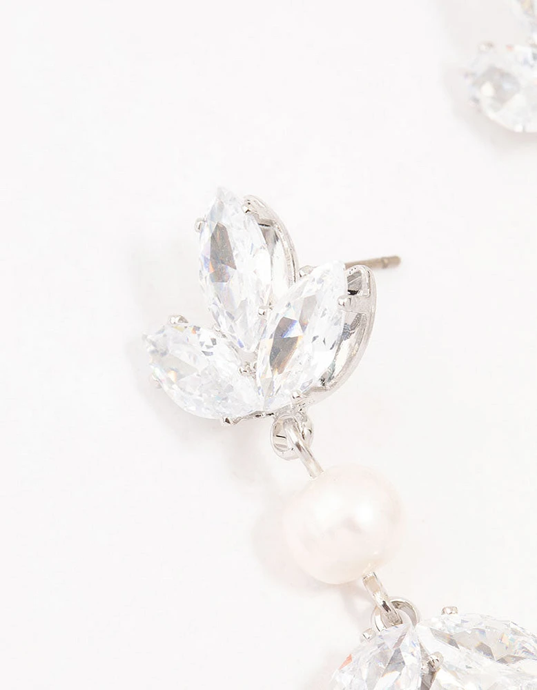 Rhodium Floral Cubic Zirconia & Pearl Drop Earrings