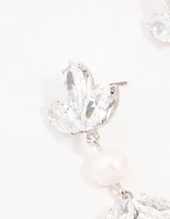 Rhodium Floral Cubic Zirconia & Pearl Drop Earrings