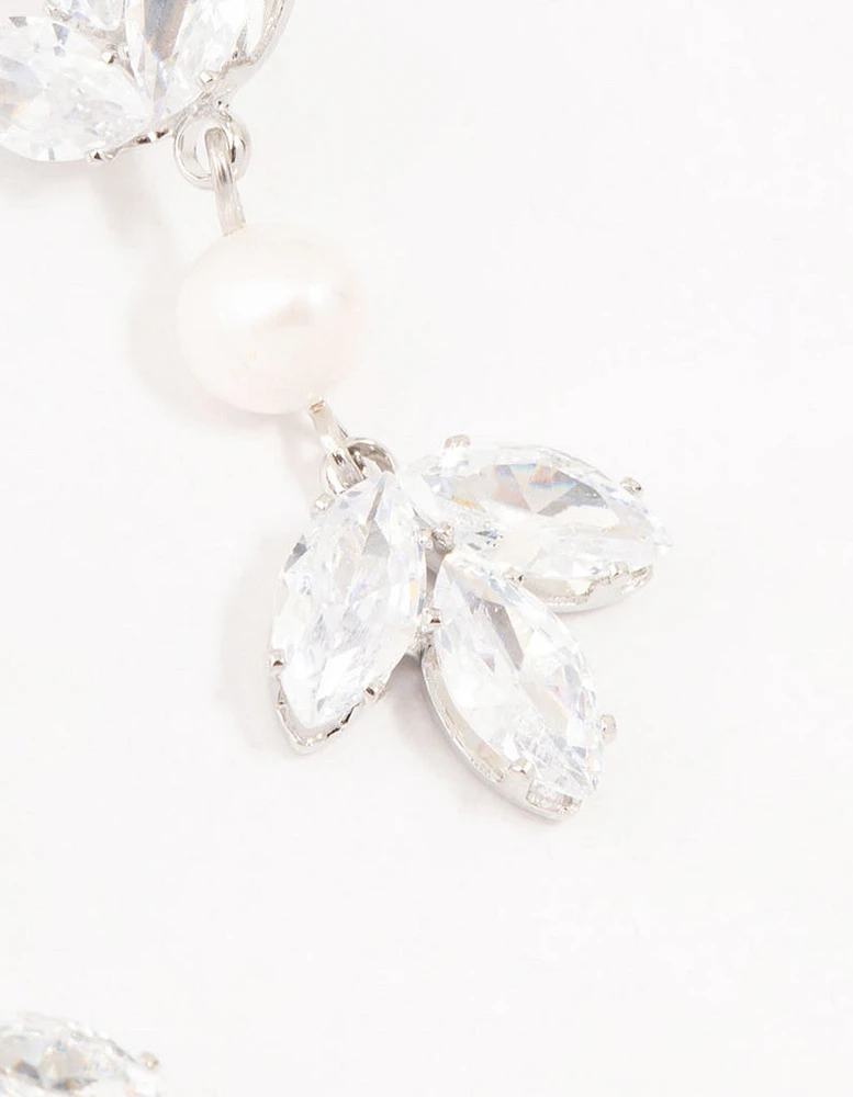 Rhodium Floral Cubic Zirconia & Pearl Drop Earrings