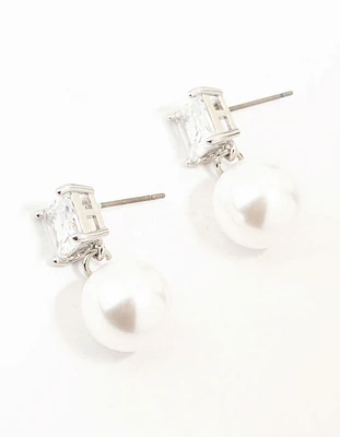 Silver Square Cubic Zirconia & Pearl Drop Earrings