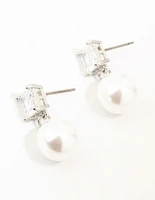 Rhodium Square Cubic Zirconia & Pearl Drop Earrings