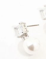 Rhodium Square Cubic Zirconia & Pearl Drop Earrings