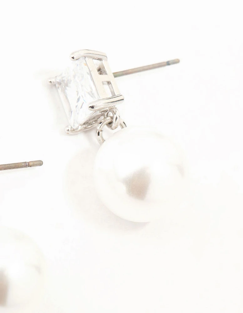 Rhodium Square Cubic Zirconia & Pearl Drop Earrings