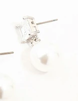 Rhodium Square Cubic Zirconia & Pearl Drop Earrings