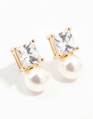 Gold Princess Cubic Zirconia Pearl Stud Earrings