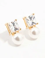 Gold Princess Cubic Zirconia Pearl Stud Earrings