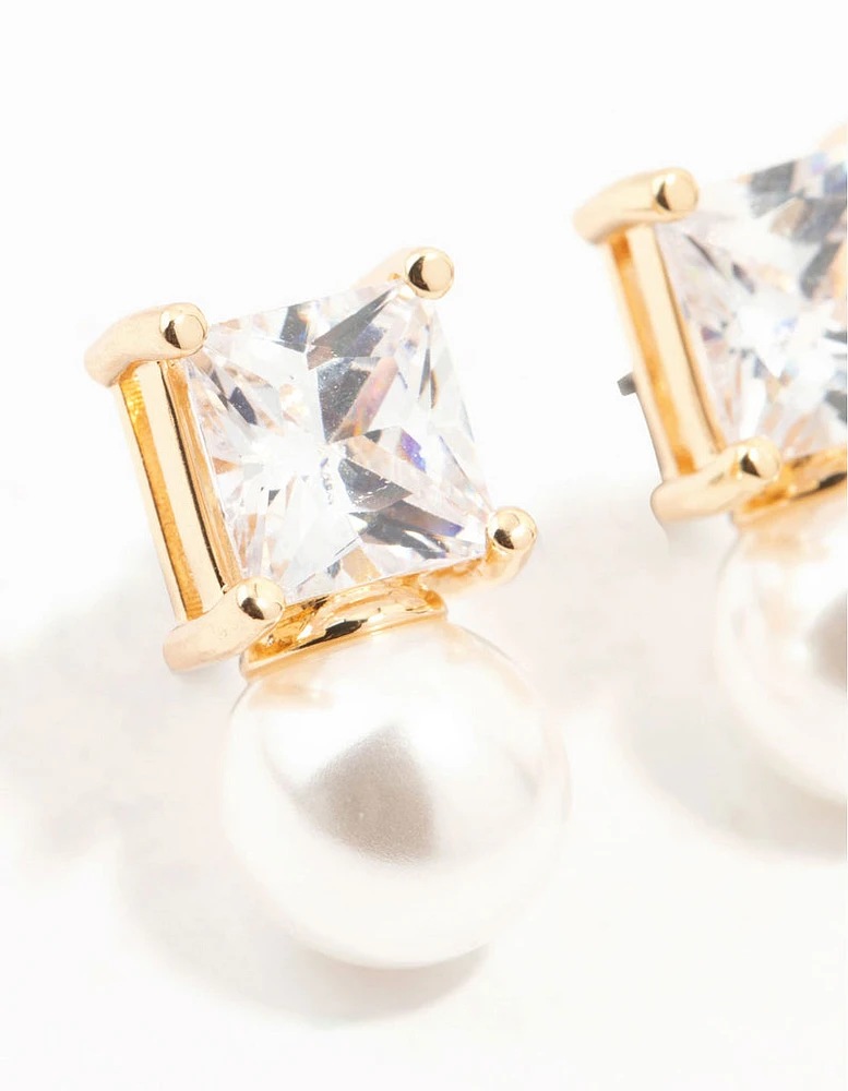 Gold Princess Cubic Zirconia Pearl Stud Earrings