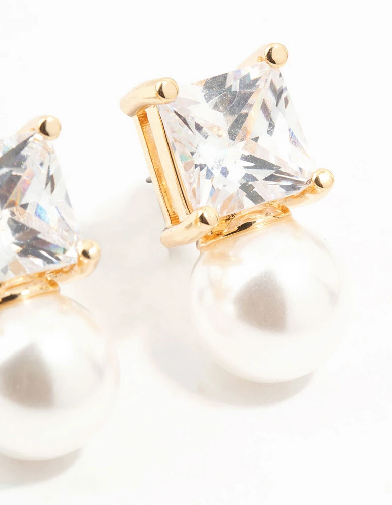 Gold Princess Cubic Zirconia Pearl Stud Earrings