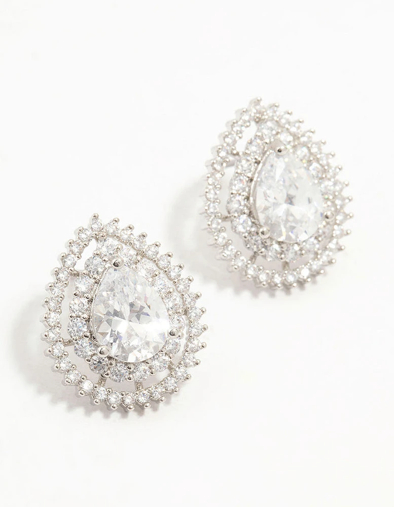 Rhodium Sparkling Pear Shaped Cubic Zirconia Stud Earrings