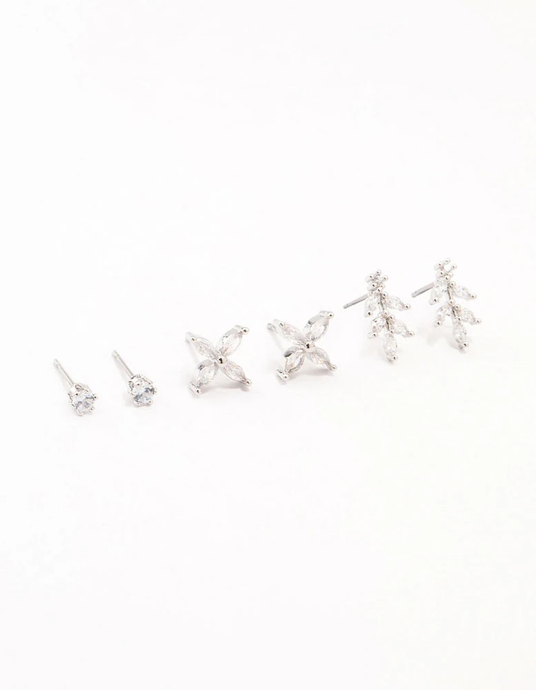 Rhodium Dainty Flower Cubic Zirconia Stud Earrings 3-Pack