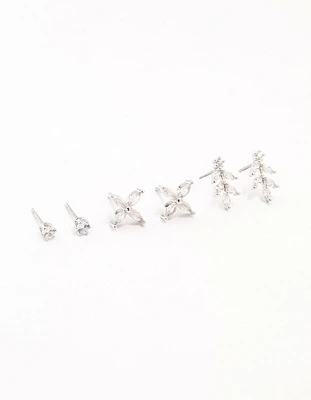 Rhodium Dainty Flower Cubic Zirconia Stud Earrings 3-Pack