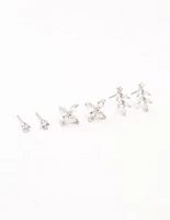 Rhodium Dainty Flower Cubic Zirconia Stud Earrings 3-Pack