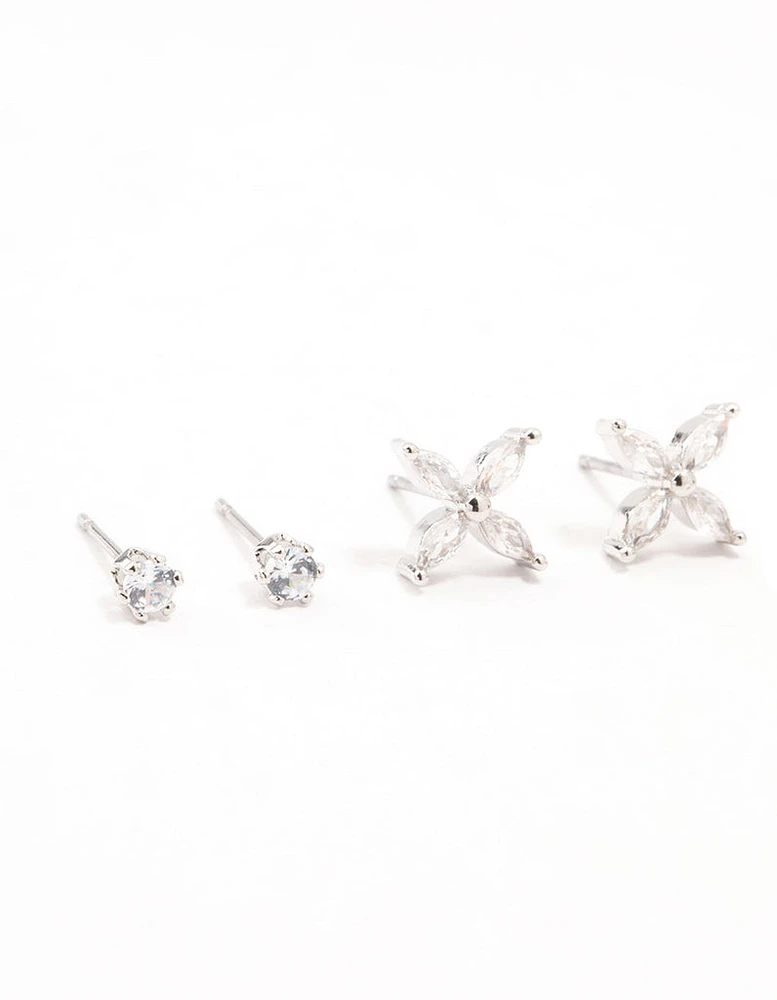 Rhodium Dainty Flower Cubic Zirconia Stud Earrings 3-Pack