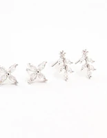 Rhodium Dainty Flower Cubic Zirconia Stud Earrings 3-Pack