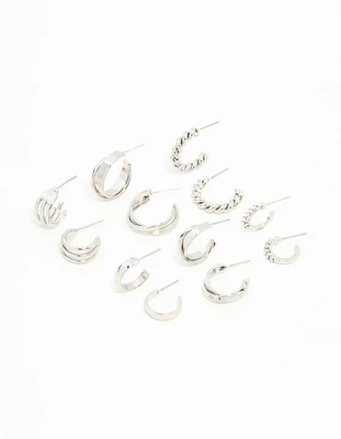 Rhodium Twisted & Sleek Hoop Earrings 6-Pack