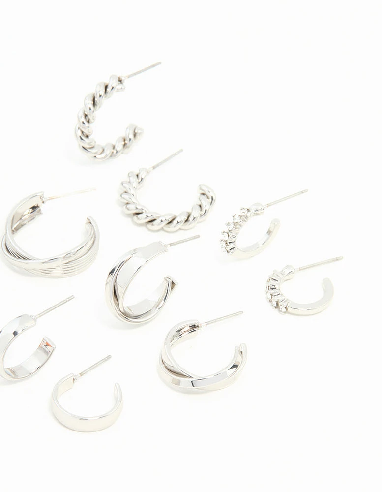 Rhodium Twisted & Sleek Hoop Earrings 6-Pack