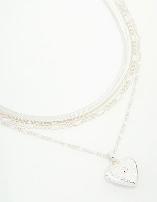 Silver Chain & Figaro Heart Locket Layered Necklace