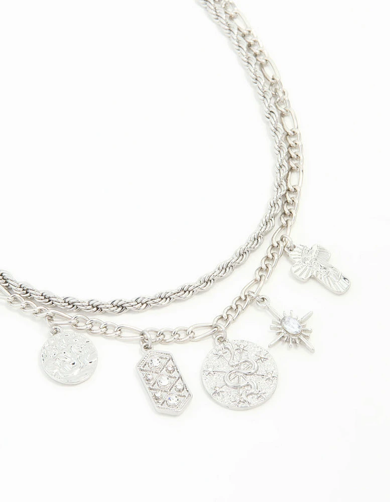 Rhodium Textured & Diamante Charm Layered Necklace