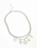 Rhodium Textured & Diamante Charm Layered Necklace