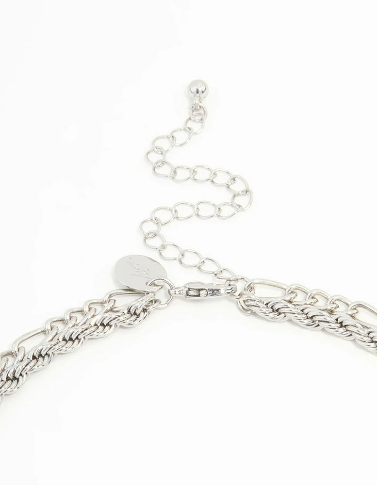 Rhodium Textured & Diamante Charm Layered Necklace