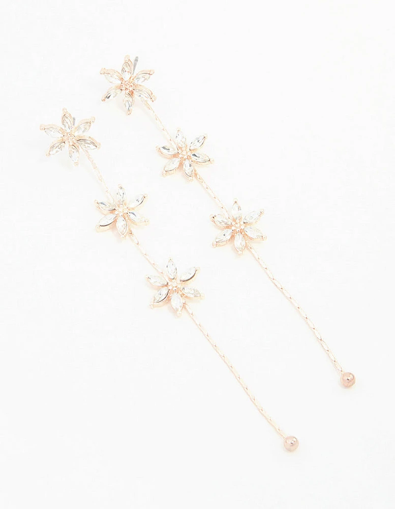 Rose Gold Diamante Flower Trail Drop Earrings