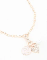 Rose Gold Diamante Heart, Flower & Pearl Necklace