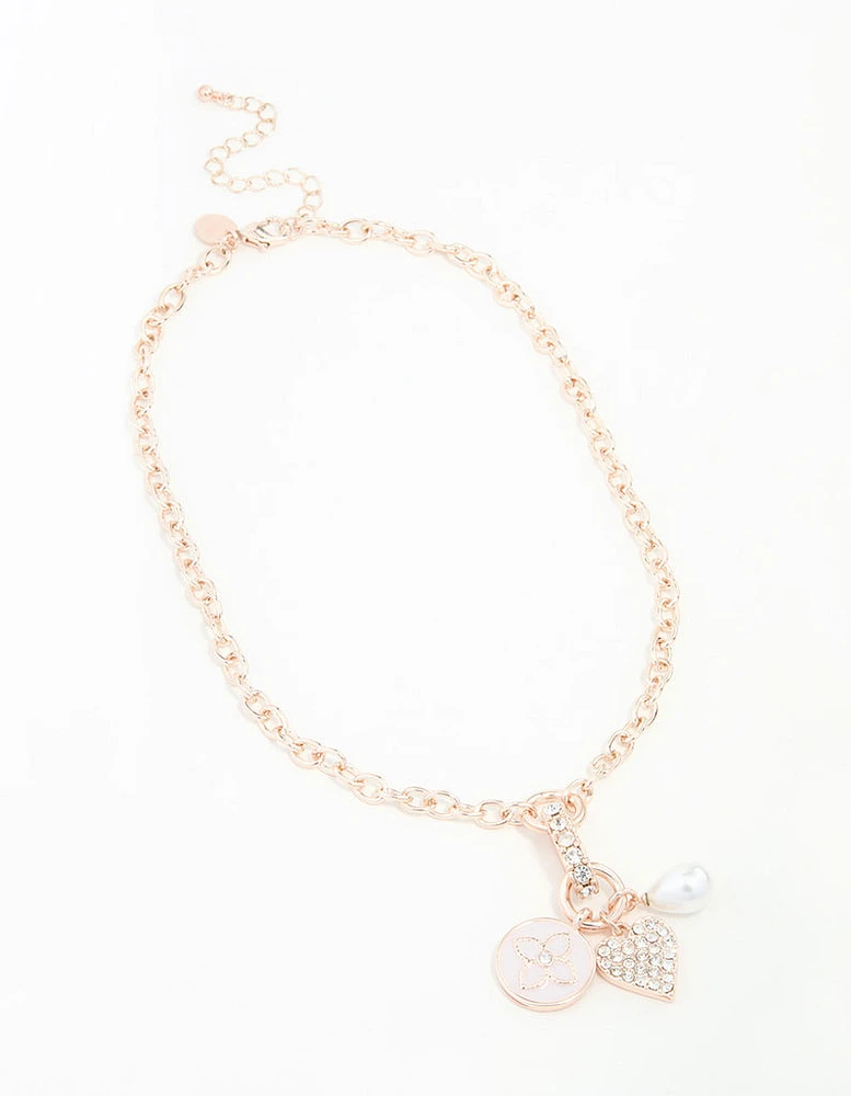 Rose Gold Diamante Heart, Flower & Pearl Necklace