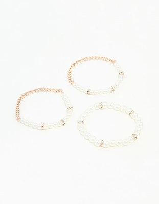 Rose Gold &  Pearl Bracelets Stretch Bracelets 3-Pack