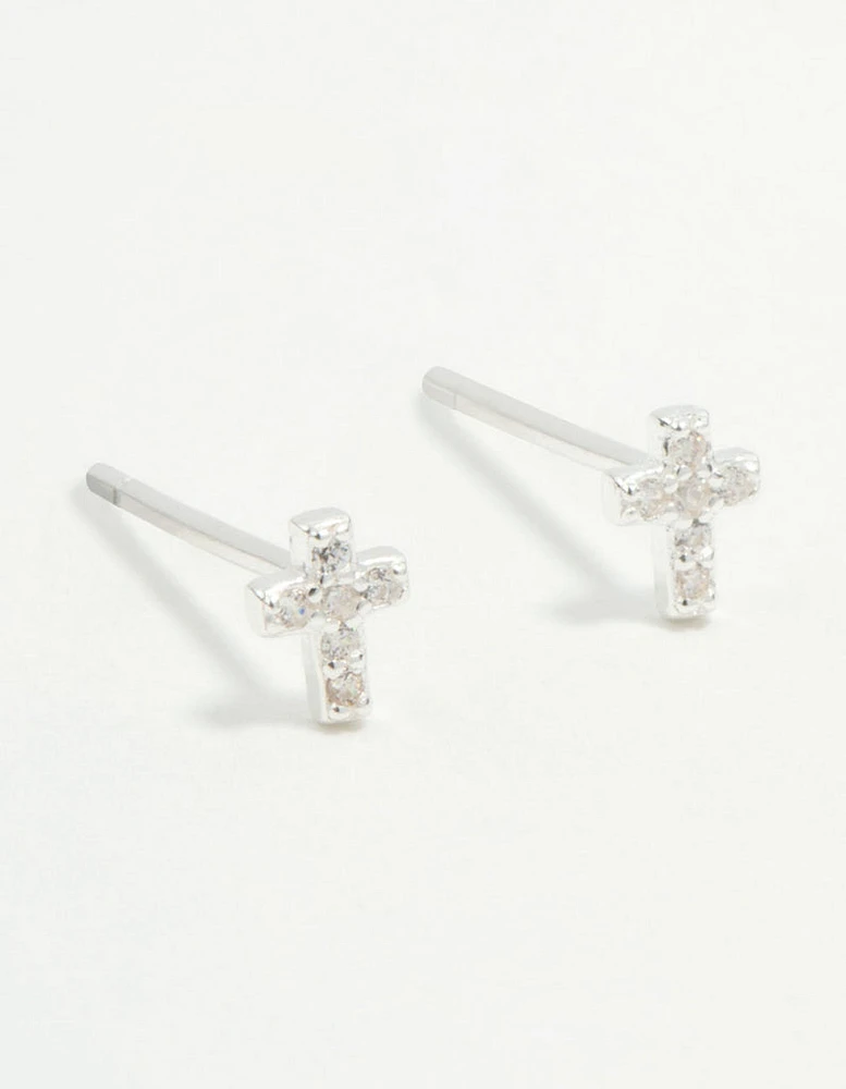 Sterling Silver Mini Cubic Zirconia Cross Stud Earrings