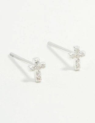 Sterling Silver Mini Cubic Zirconia Cross Stud Earrings