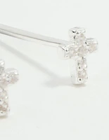 Sterling Silver Mini Cubic Zirconia Cross Stud Earrings