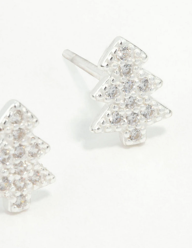 Sterling Silver Cubic Zirconia Tree Stud Earrings