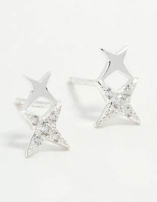 Sterling Silver Cubic Zirconia Double Star Stud Earrings