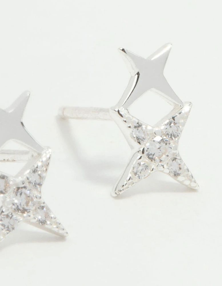 Sterling Silver Cubic Zirconia Double Star Stud Earrings