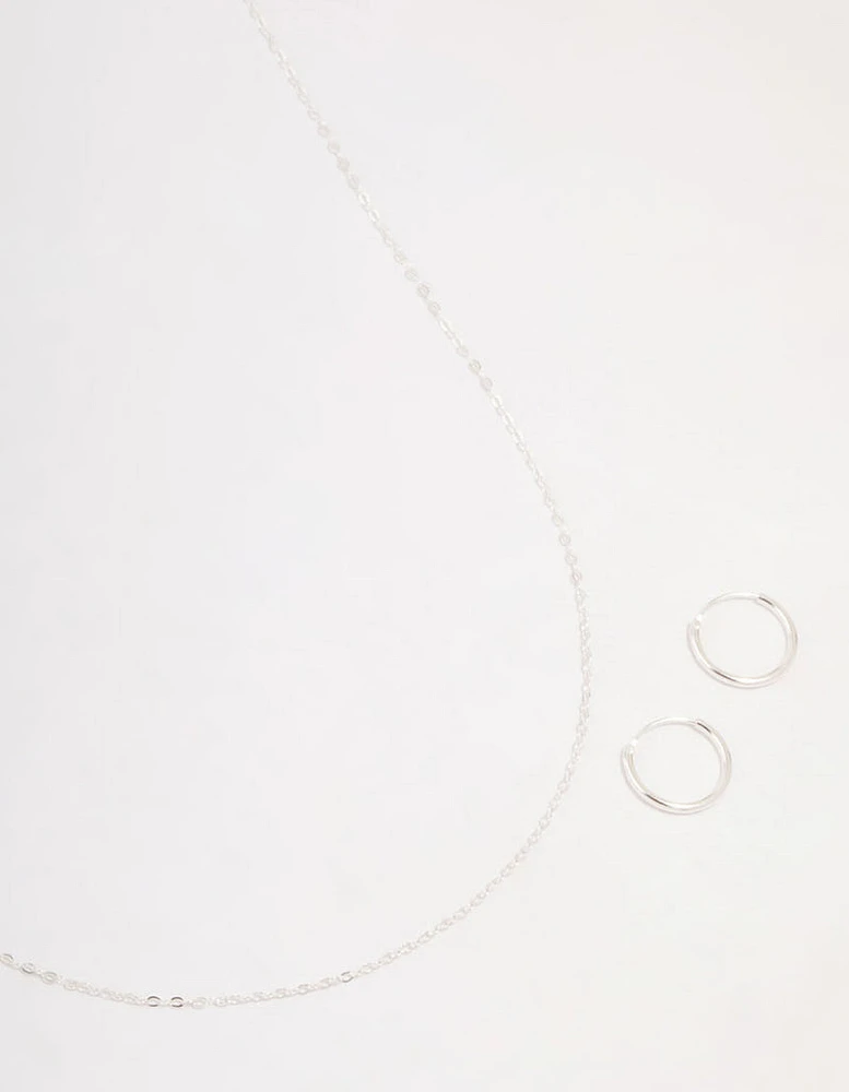 Sterling Silver Chain Necklace & Hoop Earrings Set