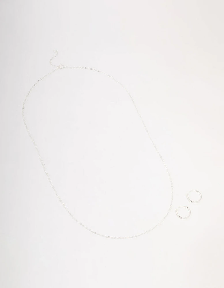 Sterling Silver Chain Necklace & Hoop Earrings Set