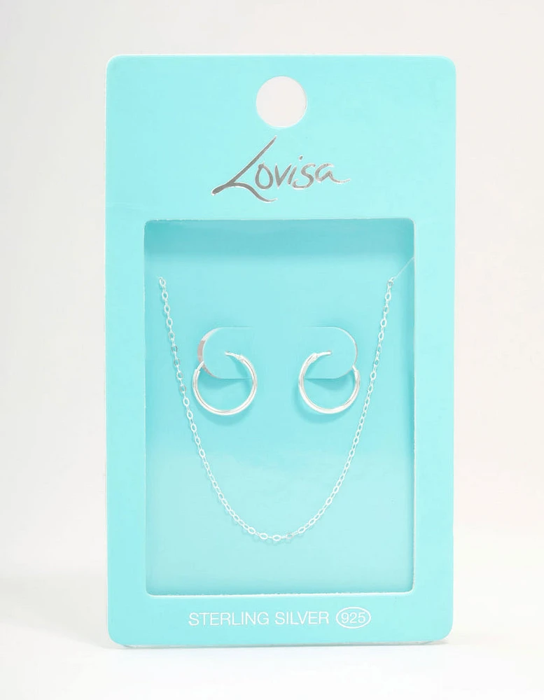 Sterling Silver Chain Necklace & Hoop Earrings Set