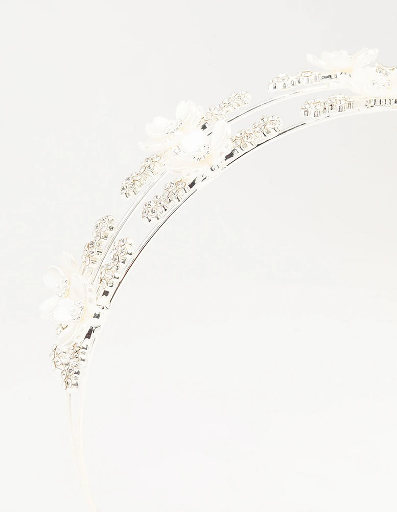 Silver Mini Crystal Flower Double Headband